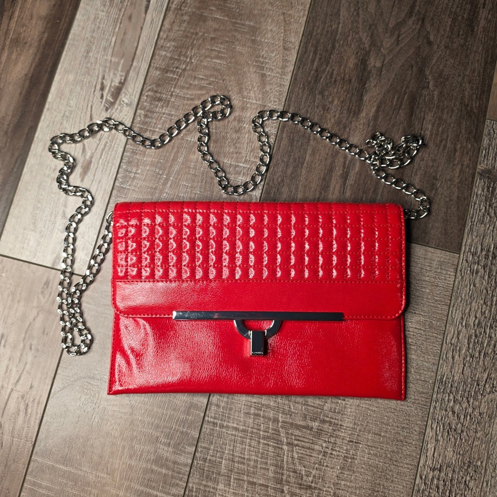 Lodis Red Patent Leather Clutch Crossbody Bag Women OS Quilted Chain Strap Chic